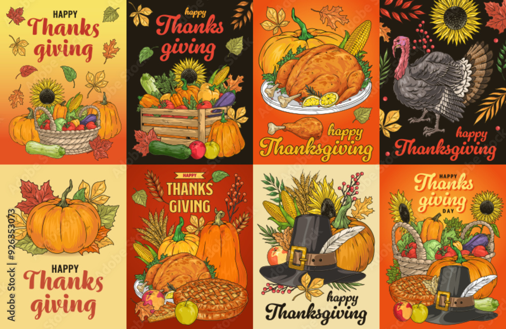 Canvas Prints Thanksgiving holiday set flyers colorful