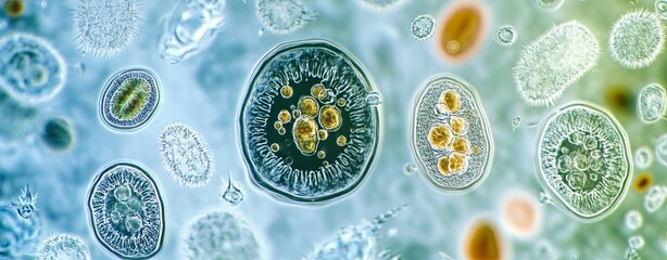 View of microorganisms in water observed through a microscope, focusing on various species with detailed textures, shapes, and movement captured in realistic colors, clear light, realistic photo 8K