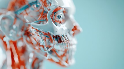 Detailed image of a human anatomical model showcasing red blood vessels and skeletal structure, portraying the complexity and intricacy of human anatomy.