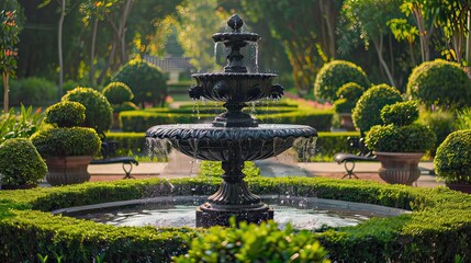 Vintage-style iron garden fountain with intricate detailing, positioned in a formal garden with neatly trimmed topiaries. 