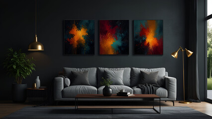 Mid-century home interior design of modern living room. black sofa and chair against grey wall with three art frames