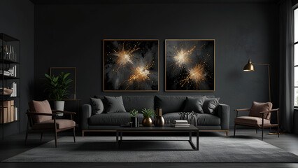 Mid-century home interior design of modern living room. black sofa and chair against grey wall with three art frames