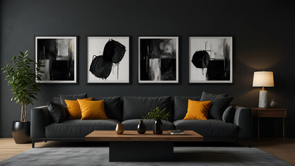 Mid-century home interior design of modern living room. black sofa and chair against grey wall with three art frames
