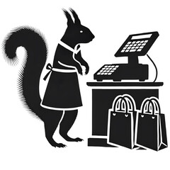 The silhouette images of a squirrel retail worker with a cash register and shopping bags.