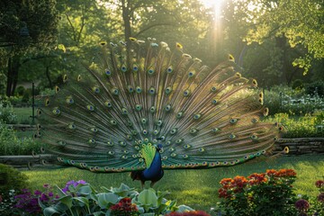 Obraz premium Peacock Displaying Its Feathers in a Sunlit Garden