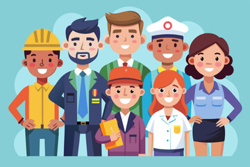 People of different professions. Builder, female police officer, cook, engineer, doctor and teacher
