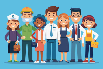 People of different professions. Builder, female police officer, cook, engineer, doctor and teacher
