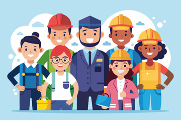 People of different professions. Builder, female police officer, cook, engineer, doctor and teacher
