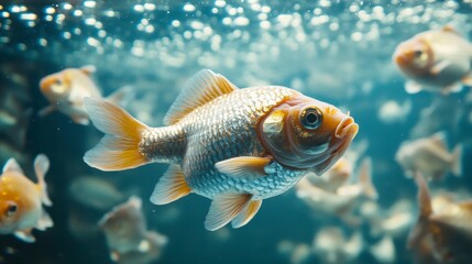 Naklejka premium A school of goldfish swim in an aquarium, their scales shimmering under the light. Bubbles rise to the surface, creating a tranquil scene.