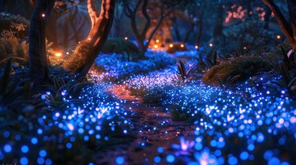 Blue Glowing Lights Illuminating a Forest Path