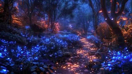 A Mystical Forest Path Illuminated by Blue and Orange Lights