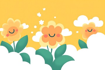 Fototapeta premium smiling flowers on yellow background.