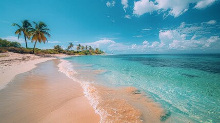 Beach Paradise: A picturesque tropical beach with white sandy shores, clear turquoise waters, and palm trees swaying in the breeze. 