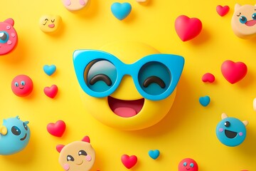 Fototapeta premium 3d emoji with yellow glasses emoticon symbol icon on blue background. 3D Illustration
