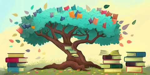 Tree of knowledge illustration with branches and leaves made from books, symbolizing growth and learning, International Literacy Day concept