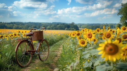 Fototapeta premium A Vintage Bicycle Resting in a Field of Sunflowers