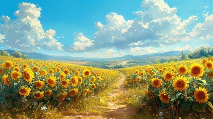 Fototapeta premium A Path Through a Field of Sunflowers Under a Blue Sky