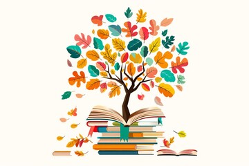 Books transform into leaves on tree of knowledge symbolizing growth and education learning mindset, 2d illustration on white background