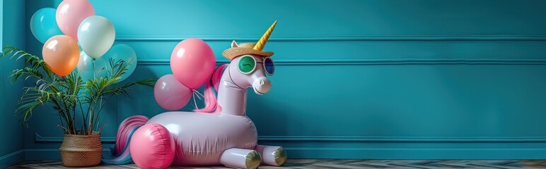 Naklejka premium Inflatable Unicorn with Sunglasses and Straw Hat Against a Teal Wall