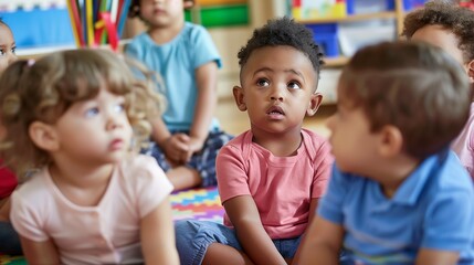 Obraz premium Diverse group of kindergarten kids listening attentively in classroom, preschool education learning environment