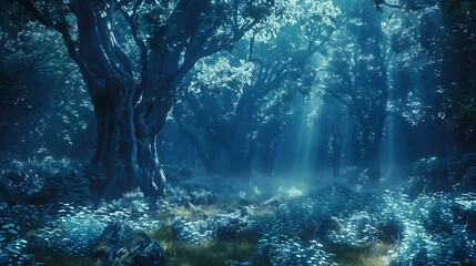 A magical forest with sunlight shining through the trees. Landscape wallpapers
