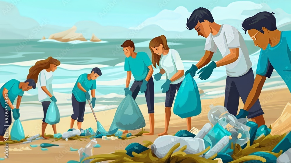 Wall mural group of community eco volunteers remove plastic waste from beach shore, ocean pollution ecological 