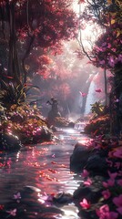 Fototapeta premium A magical forest with sunlight shining through the trees. Landscape wallpapers