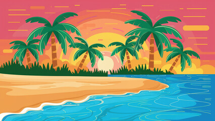 Fototapeta na wymiar Tropical Sea beach sunrise background, landscape with sand beach, sea water edge and palm trees. Colorful simple vector art illustration, banner, wallpaper