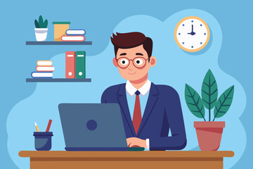 Business man at his desk is working on the laptop computer.
