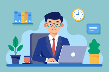 Business man at his desk is working on the laptop computer.
