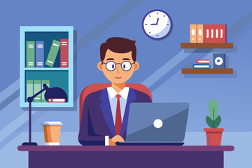 Business man at his desk is working on the laptop computer.
