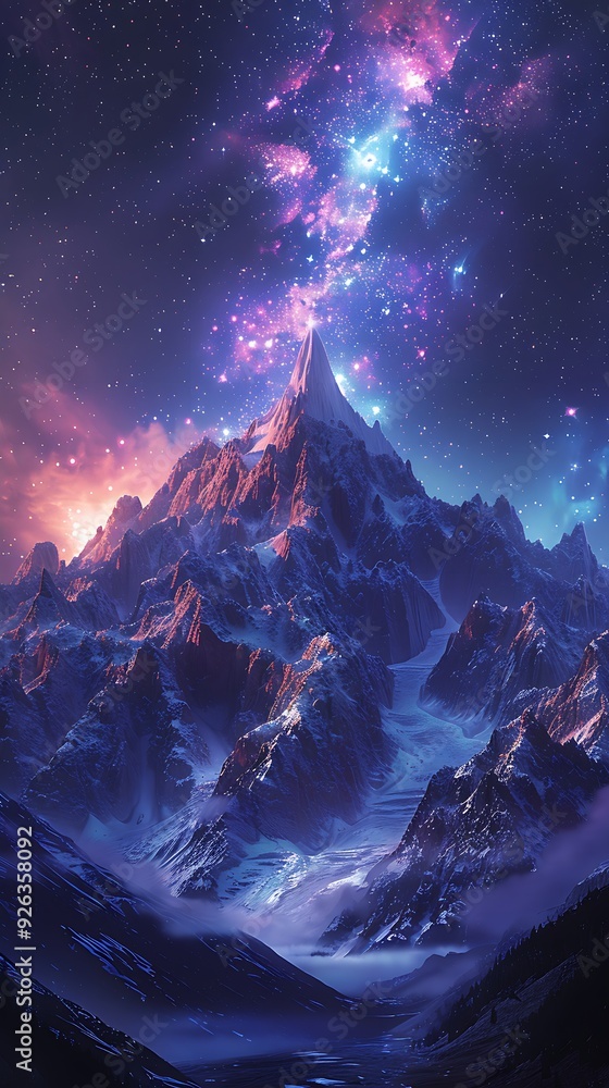 Wall mural a beautiful night sky with mountains in the background and a colorful cloud of light. the sky is fil