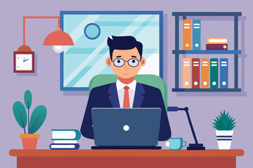 Business man at his desk is working on the laptop computer.
