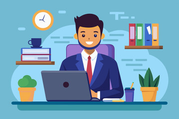 Business man at his desk is working on the laptop computer.
