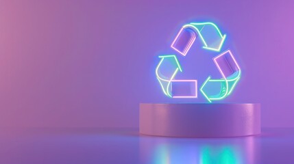 Neon Recycle Symbol on Purple Background with Copy Space