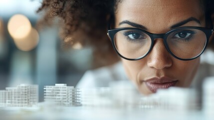 A female architect, wearing glasses, examines a detailed architectural model with intense focus, representing creativity, precision, and dedication in the field of design and planning.