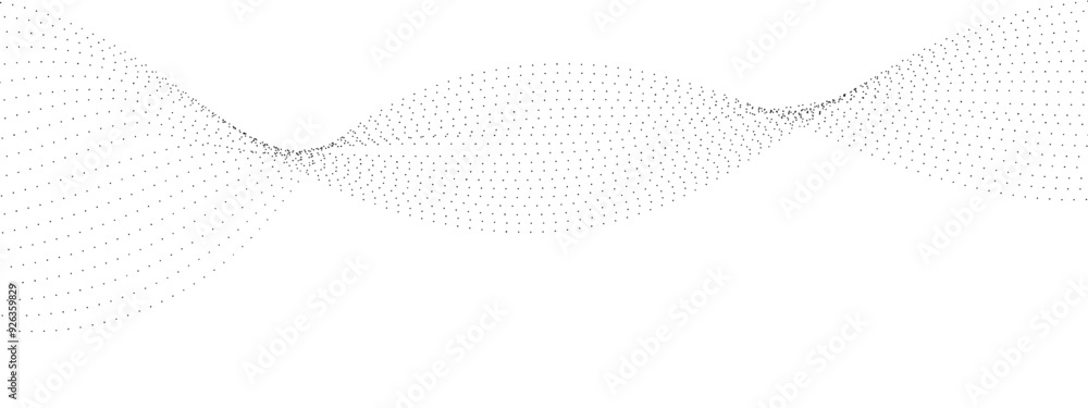 Poster flowing wave dot particles halftone pattern black gradient curve shape isolated on transparent backg