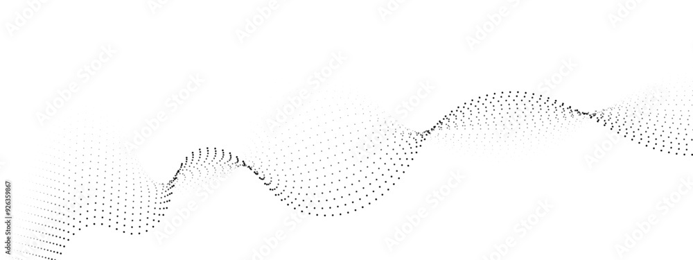 Poster flowing wave dot particles halftone pattern black gradient curve shape isolated on transparent backg