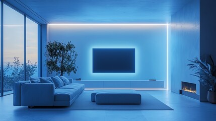 A modern living room featuring soothing blue lighting, sleek furniture, and a minimalistic design for a contemporary atmosphere.