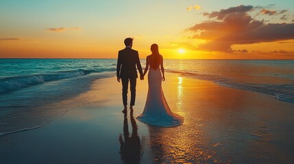 Fototapeta premium A couple walks hand in hand along the shore as the sun sets, creating a beautiful reflection on the wet sand and a vibrant sky
