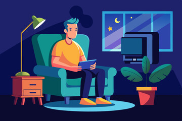 Man watches TV while sitting in a chair. View your favorite television show or movie
