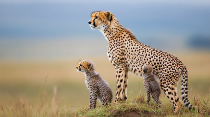 Obraz premium A mother cheetah raises her family alongside her cubs. --ar 16:9 --v 6.1 Job ID: bdf6b18c-2c05-4cac-8878-2ca1be21b101