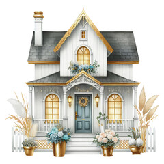 White gold house home watercolor painting exterior with flowers leaves transparent background png
