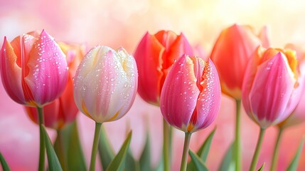 Pink and White Tulips with Dew Drops.