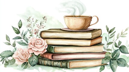 A cozy stack of books with a steaming cup and beautiful roses, perfect for a relaxing reading moment.
