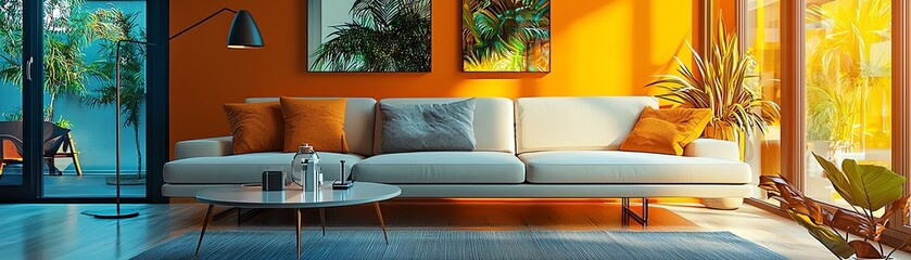 Stylish living room with orange walls, cozy sofa, modern decor, and bright natural light streaming through large windows.
