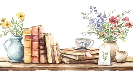 A charming watercolor scene featuring books, a teacup, and vibrant flowers on a wooden shelf, perfect for cozy decor inspiration.