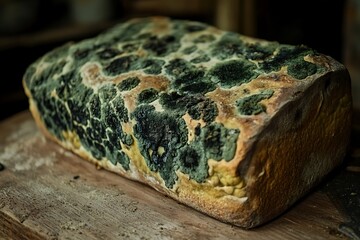 Close-up of a loaf of bread covered in green and black mold spores, highlighting decay and food spoilage on a wooden table