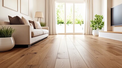 Modern Living Room with Wooden Floor and Large Windows.