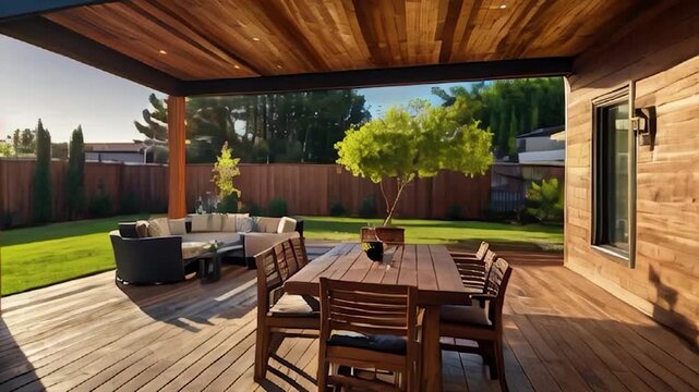 Outdoor Patio with Wooden Deck, Dining Table, and Lounge Seating Under Pergola